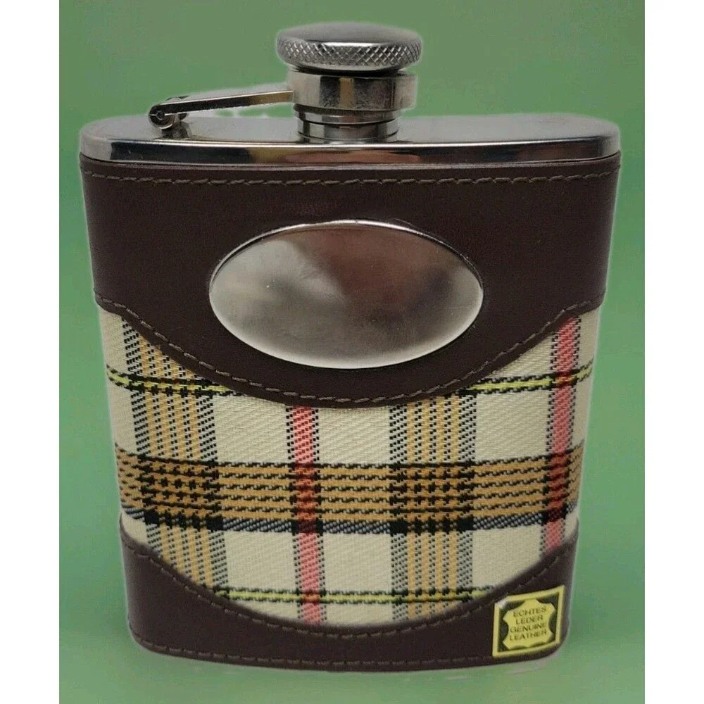 Bey Byrk 6oz Leather and Plaid fabric Stainless Steel 6oz flask